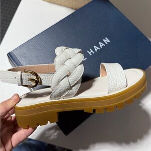 Cole Haan White Braided Leather Lug-Sole Sandal with Gold Buckle